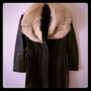 100% Black Leather w/Faux Fur Collar Coat